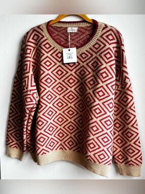 NKN Nekane Soft Orange & Beige Geometric
Jacquard/Diamond Knit Sweater NWT M/L